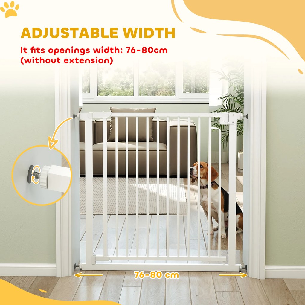 PawHut Barierka Ochronna Bez Wiercenia z Automatycznym Zamykaniem dla Dzieci i Zwierząt 76-80 x 76 cm, Biała | Aosom PL