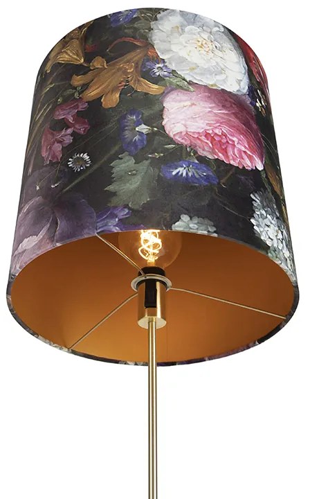Lampa stojąca złota/mosiądzowa z abażurem z weluru w kwiaty 40/40 cm - Parte klasyczny/Antyczny Oswietlenie wewnetrzne