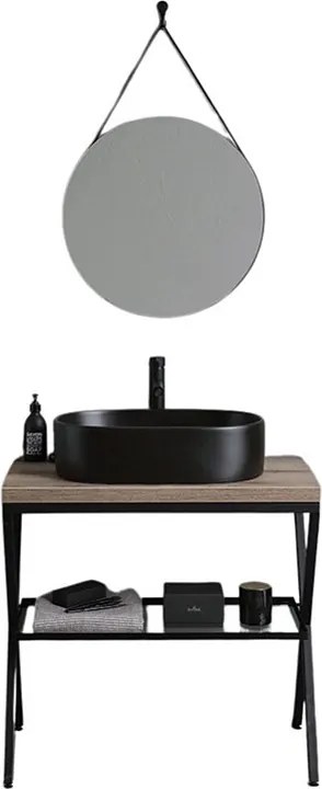 Stojąca szafka łazienkowa w kolorze dąb kopalny "Victoria" z owalną matową czarną ceramiczną umywalką i okrągłym lustrem o średnicy 80 cm