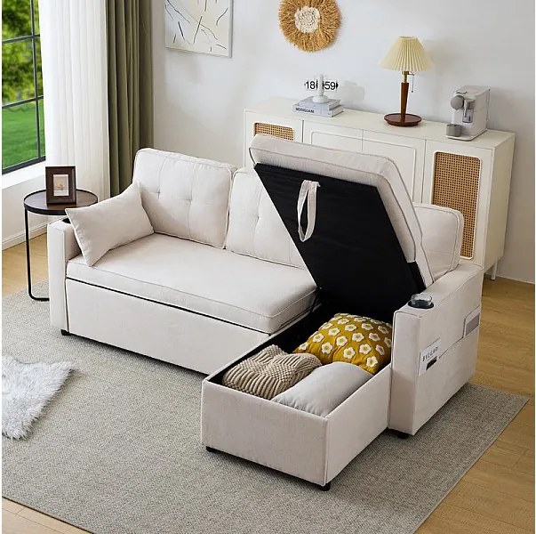 Kabrioletowa sofa narożna w bawełnie i pościel, Meridian z przechowywaniem, podstawką pod kubek, 211x129.5x86cm, Beż