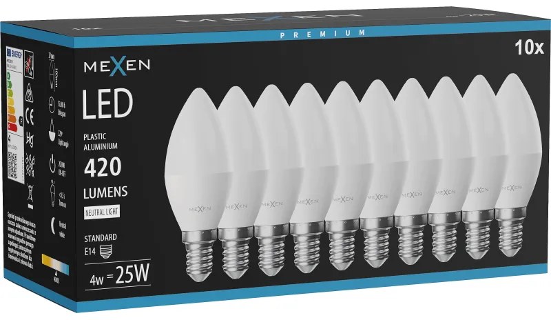 Mexen Nova 10x żarówka LED E14, C37, 4W, Neutralna - 4000K, 420 lm - L102-E14-0440-01x10