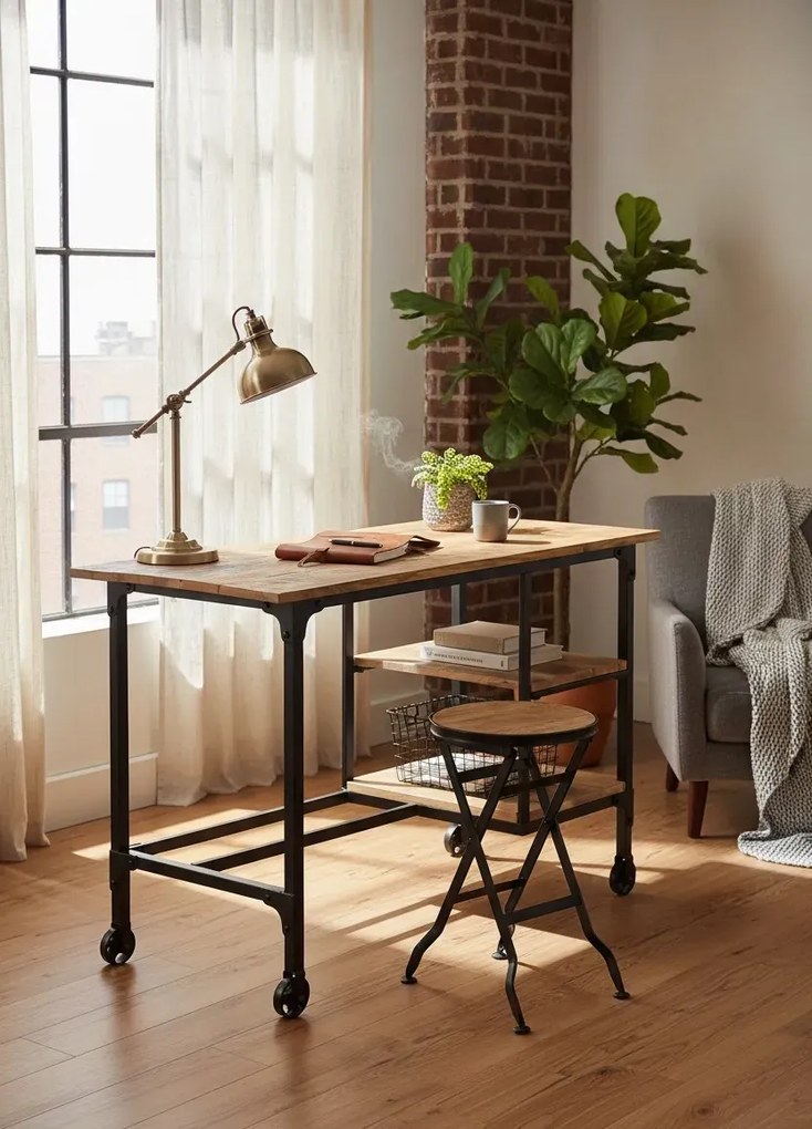 Drewniane biurko na kółkach z taboretem H6-Z25