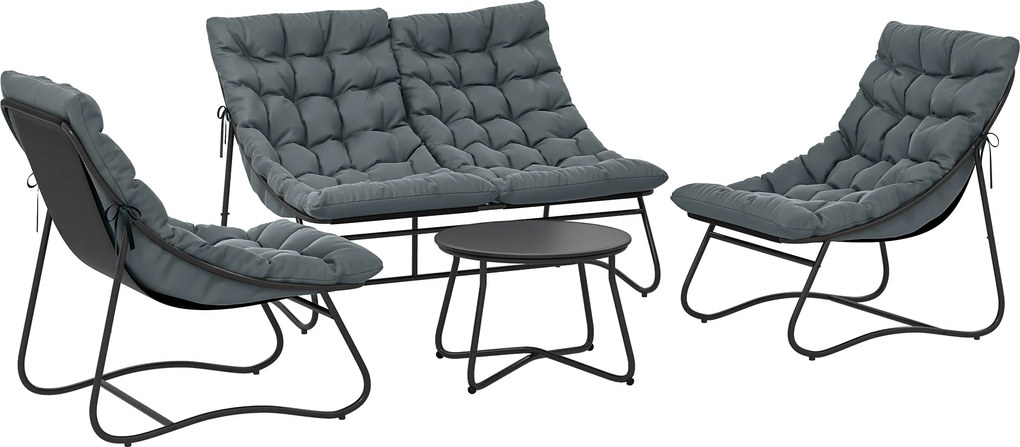 Outsunny Zestaw Mebli Ogrodowych dla 4 Osób, 2 Krzesła, 1 Sofa Dwuosobowa, 1 Stolik z Szkłem, Grube Poduszki, Stalowa Rama, na Taras, Szary
