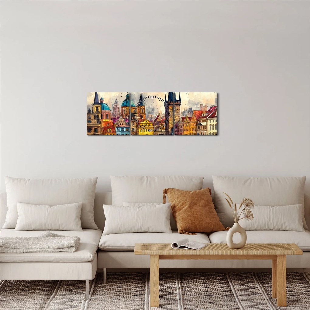 Obraz - Jesień w malowanym mieście (z zegarem) (90x30 cm)