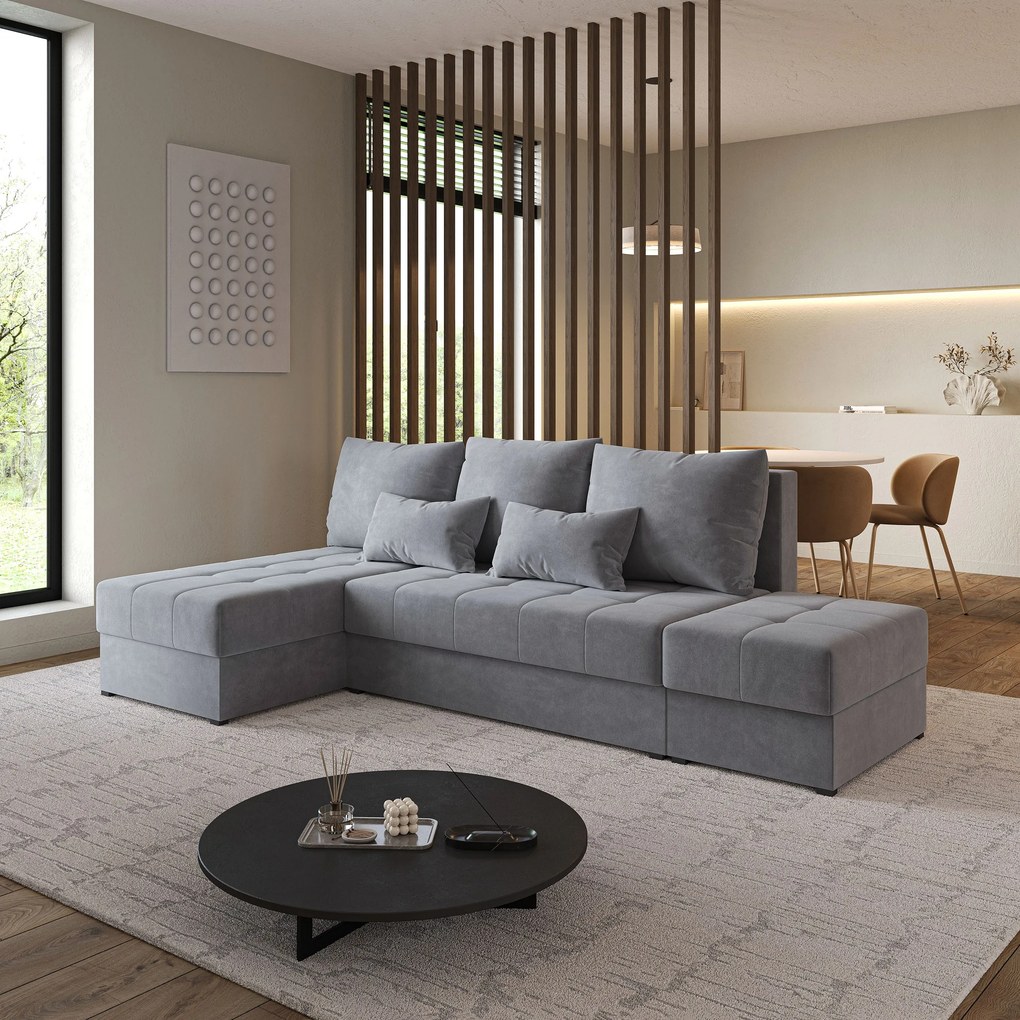 Masseno Narożnik NORVI z funkcją spania i pojemnikiem na pościel Narozniki L, Rozkładana sofa - Szary, KRONOS 15