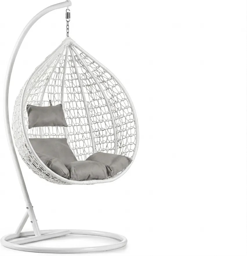 Białe wiszące krzesło KOKON ze stojakiem, jasna poduszka