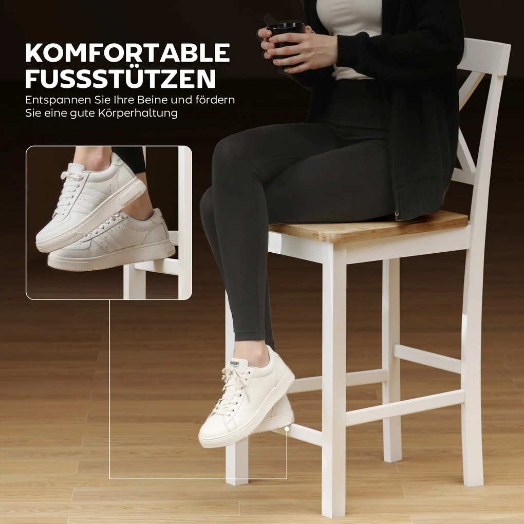 HOMCOM Zestaw 2 stołków barowych z oparciem i podnóżkiem, drewno kauczukowe, do kuchni, jadalni, baru, Dąb+Biały