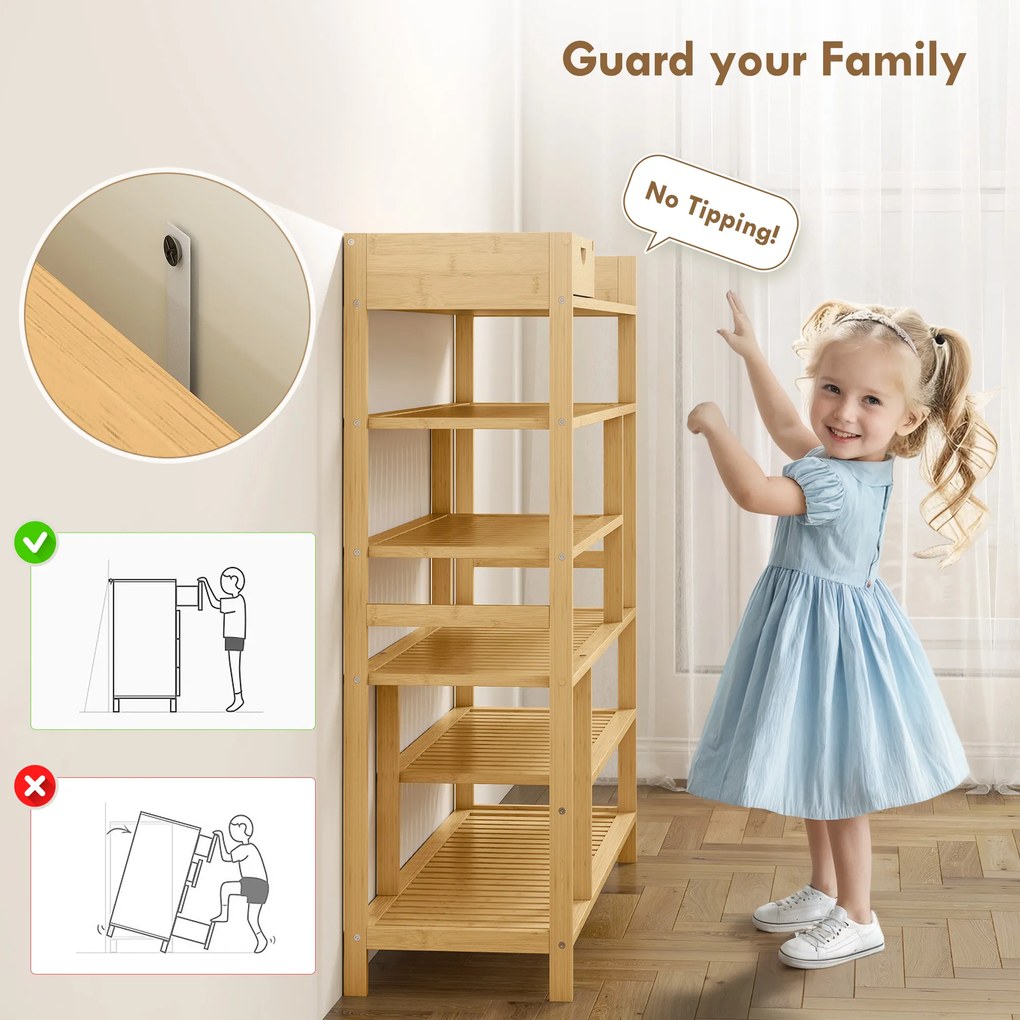 HOMCOM Regał na buty, stojak na obuwie z 6 półkami, szuflada z bambusa, dla maks. 18 par butów, regał do korytarza, sypialni, 101 x 30 x 100 cm, naturalny