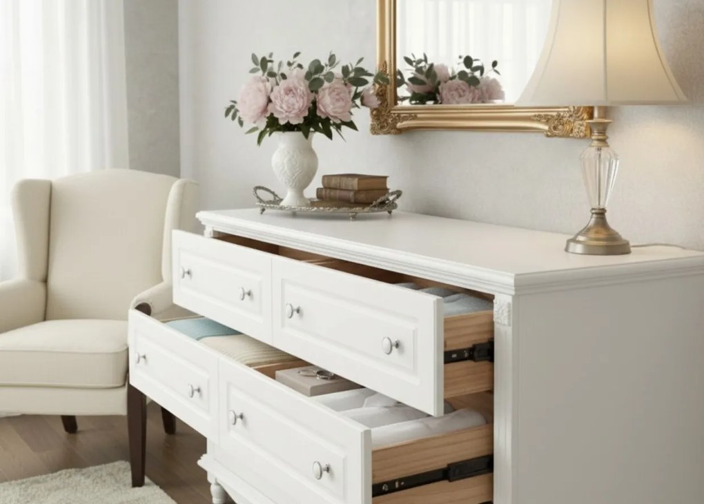 Biała komoda z szufladami Nelia. 6 pojemnych szuflad w dwóch rzędach, białe gałki, frezowania. Komoda do salonu, komoda do sypialni.