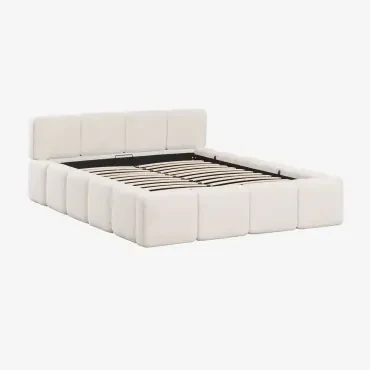 Łóżko Z Pojemnikiem Na Pościel W Tkaninie Bouclé Jolcem Bouclé White & 160 X 200 Cm - Sklum