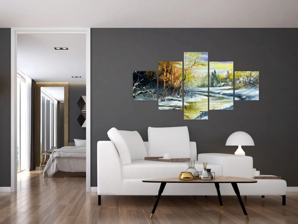 Obraz zimowej rzeki, obraz olejny (125x70 cm)