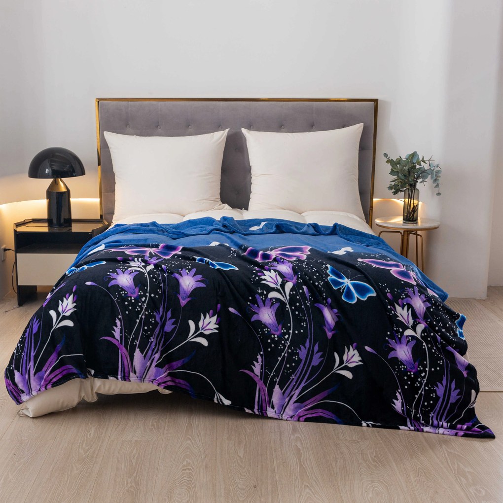 Koc z mikropluszu VIOLET BUTTERFLY ciemnoniebieski Rozmiar: 200 x 220 cm