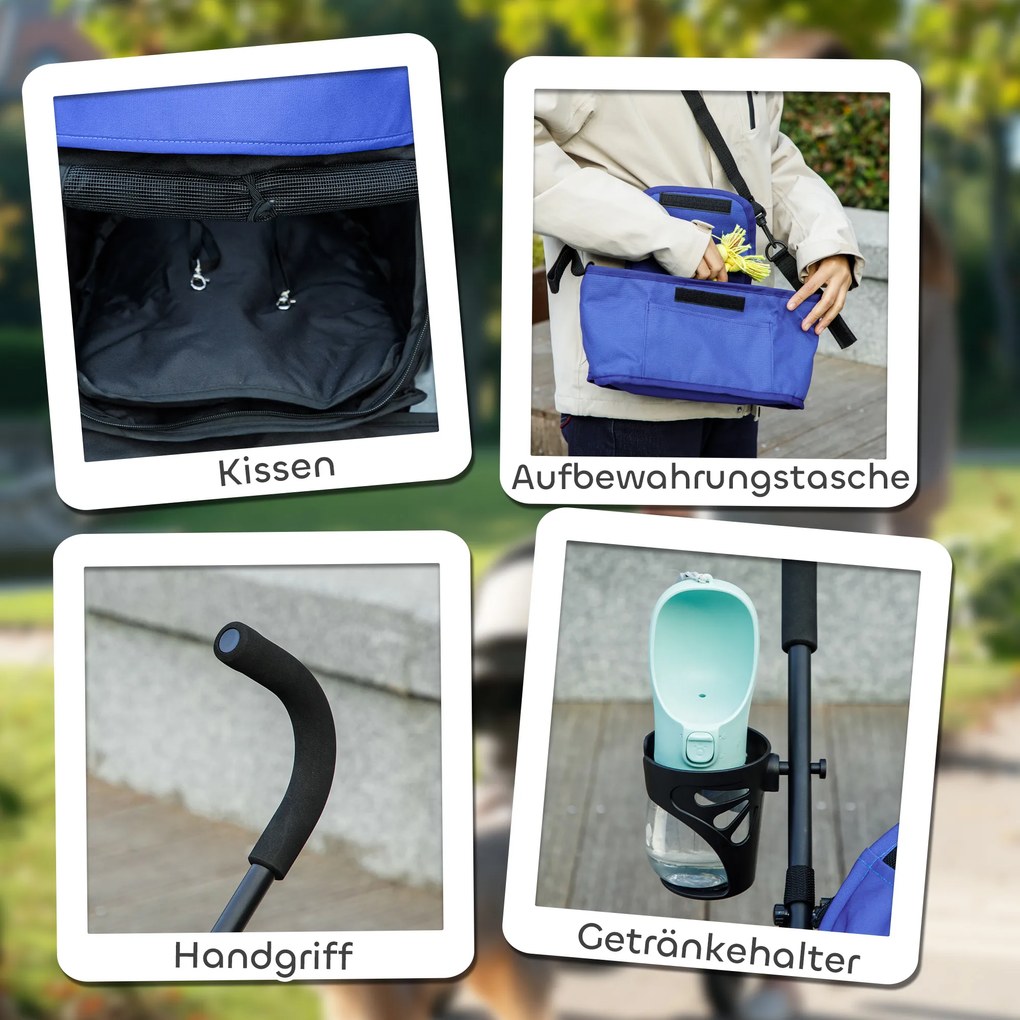 PawHut Wózek dla Zwierząt, Smycze Bezpieczeństwa, Okna z Siatki, 76Dł x 44Szer x 103Wys cm, Granatowy