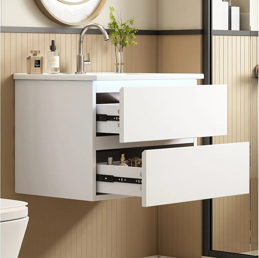 Pojedyncza umywalka ceramiczna pod umywalkę wiszącą - 61 x 46 x 45 cm - wykończenie lakierowane - z diodami LED + 2 szuflady - ceramika + MDF - biały