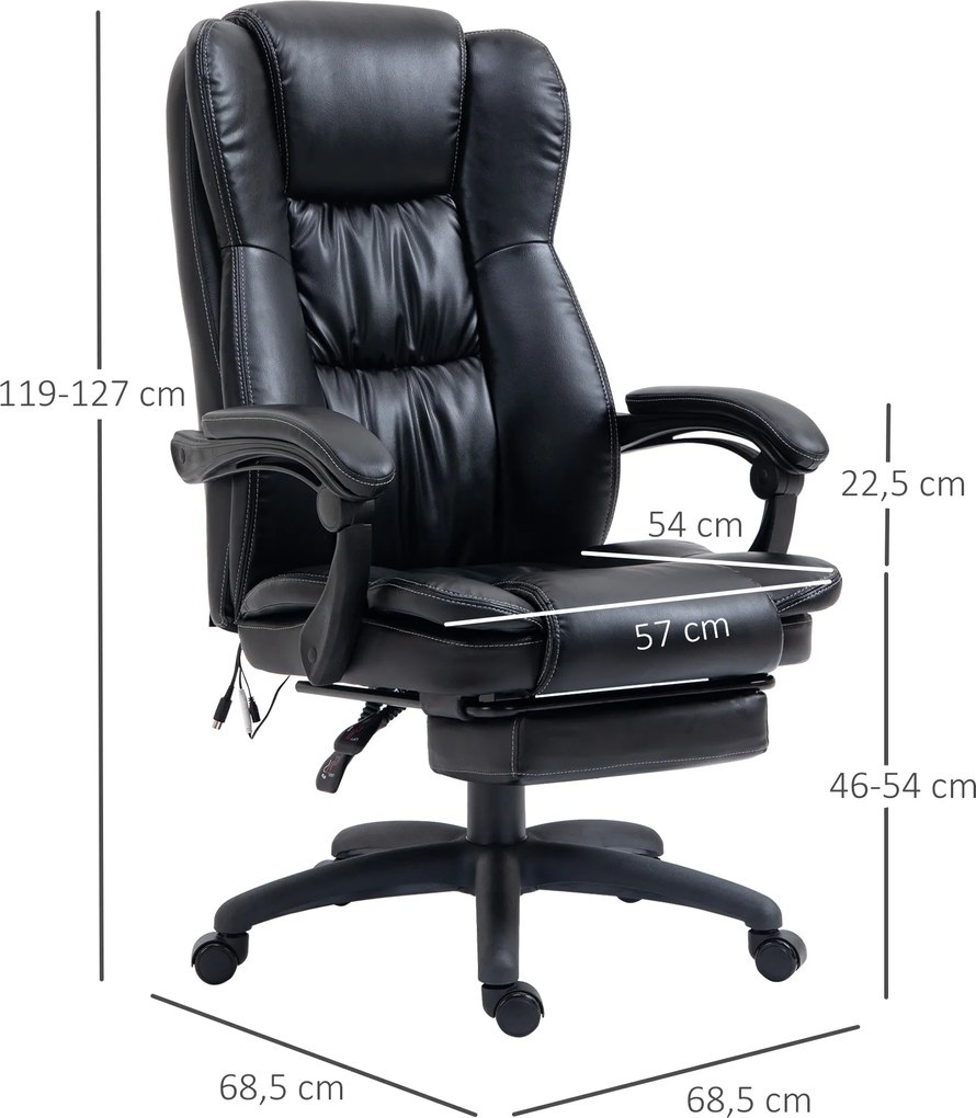 Vinsetto Fotel biurowy z masażem regulowane oparcie do 135 stopni udźwig 120 kg czarny skórzany | Aosom PL