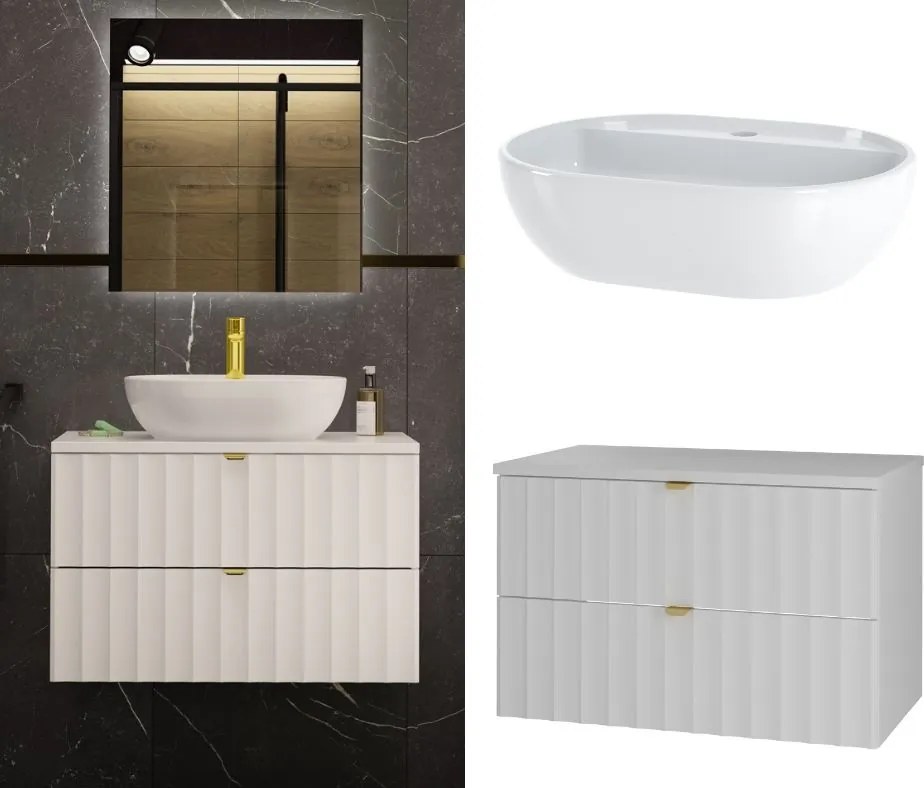 Wisząca szafka z umywalką nablatową Arcos 07 biały mat, 80 cm - zestaw 2