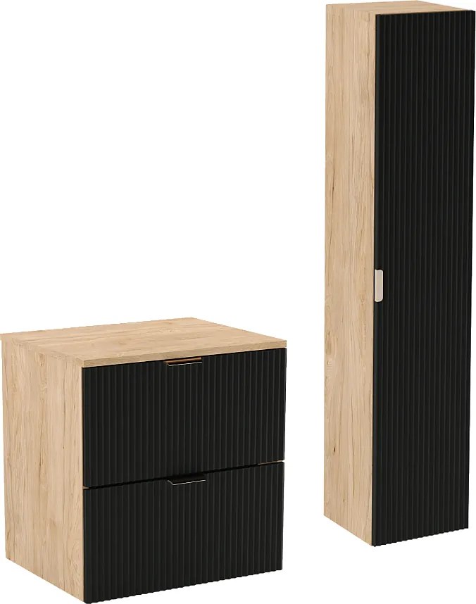 Zestaw Łazienkowy 60cm Szafka Blat Słupek Ryflowane Fronty Czarny / Dąb Orzech