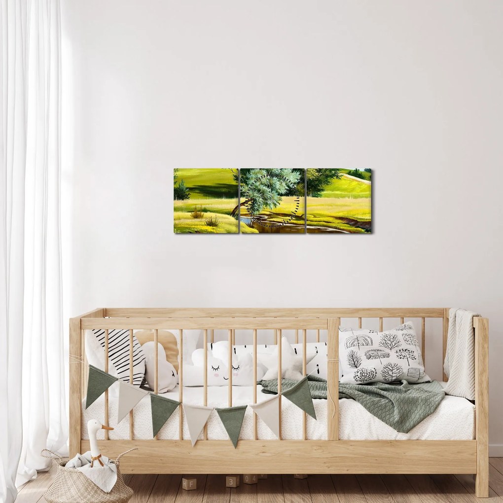 Obraz - rzeka między łąkami, obraz olejny (z zegarem) (90x30 cm)