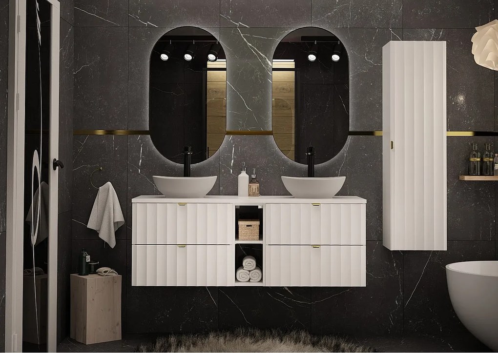 Biały Zestaw Łazienkowy 140cm Szafka z Blatem Regał Ryflowane Fronty Arcos