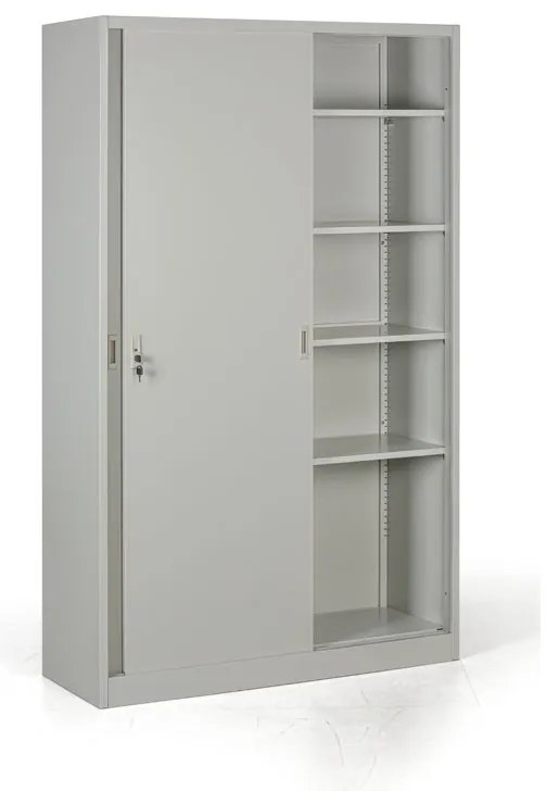 Metalowa szafa z przesuwnymi drzwiami, 4 półki, 1200 x 1990 x 450 mm, jasnoszary
