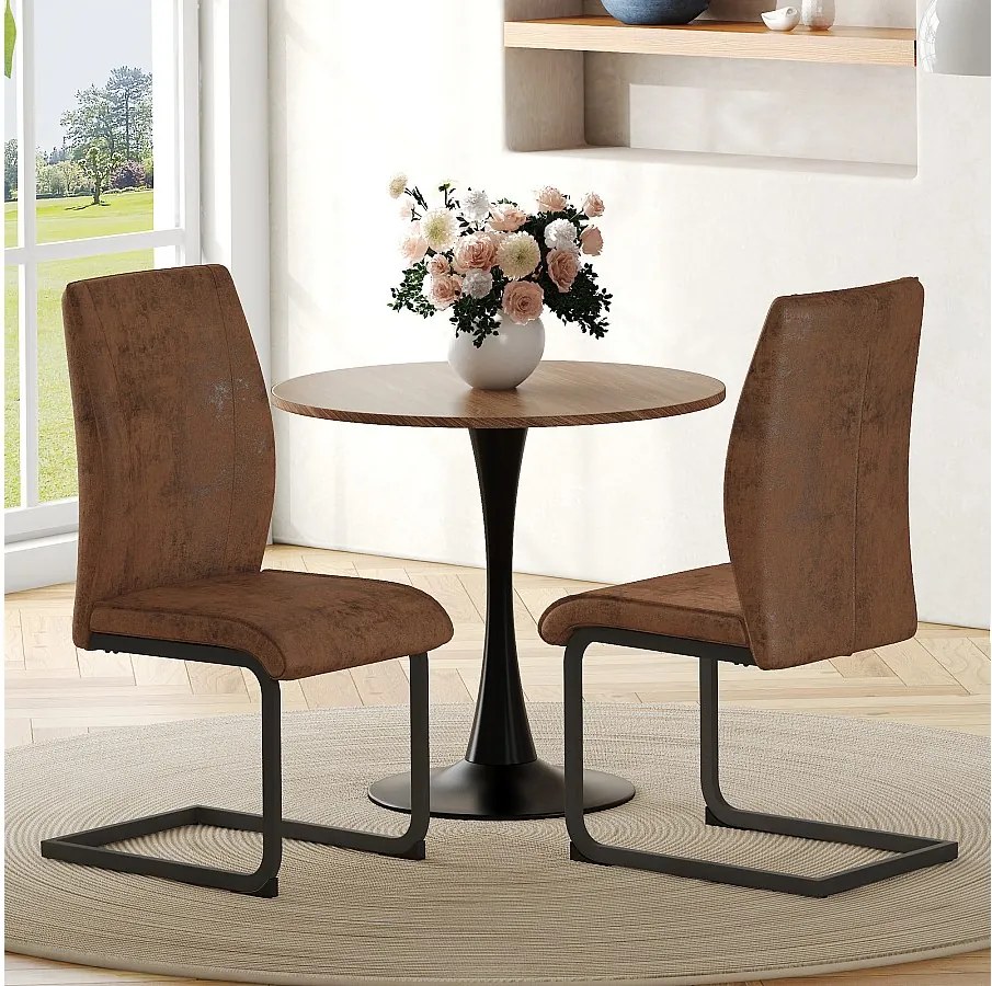 Zestaw 2 krzeseł do jadalni, brązowa skóra ekologiczna, pikowane oparcie, czarne metalowe nogi