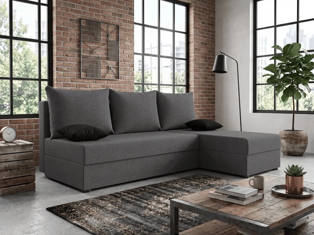 Rozkładana narożna sofa VALERIO SLIM 200x140 cm, ciemnoszara, uniwersalna + 2 poduszki GRATIS