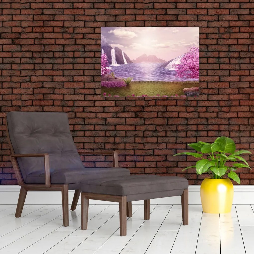 Obraz na szkle - różowe drzewa z jeziorem (70x50 cm)