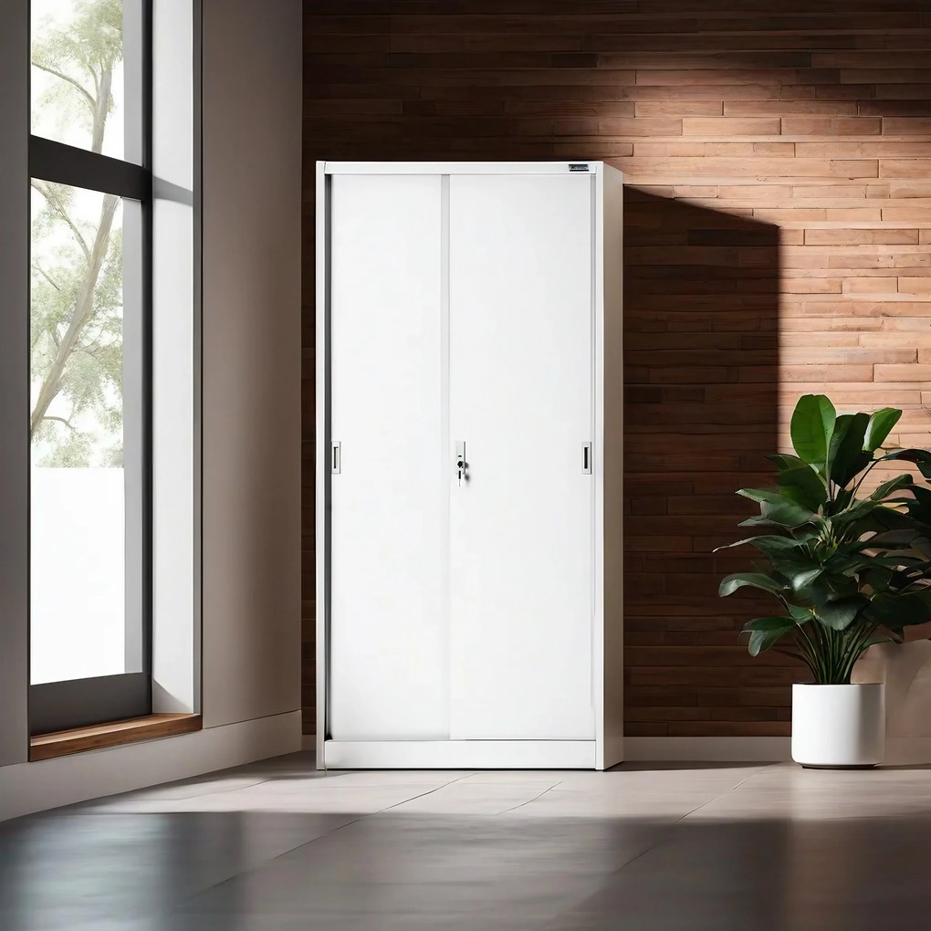 Biurowa szafa metalowa z drzwiami przesuwnymi KUBA, 900 x 1850 x 400 mm, biała