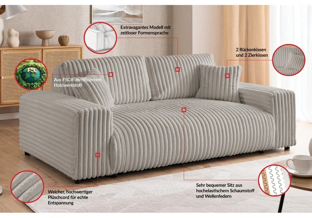 Jasnoszara sztruksowa sofa 178 cm Justin – Ropez