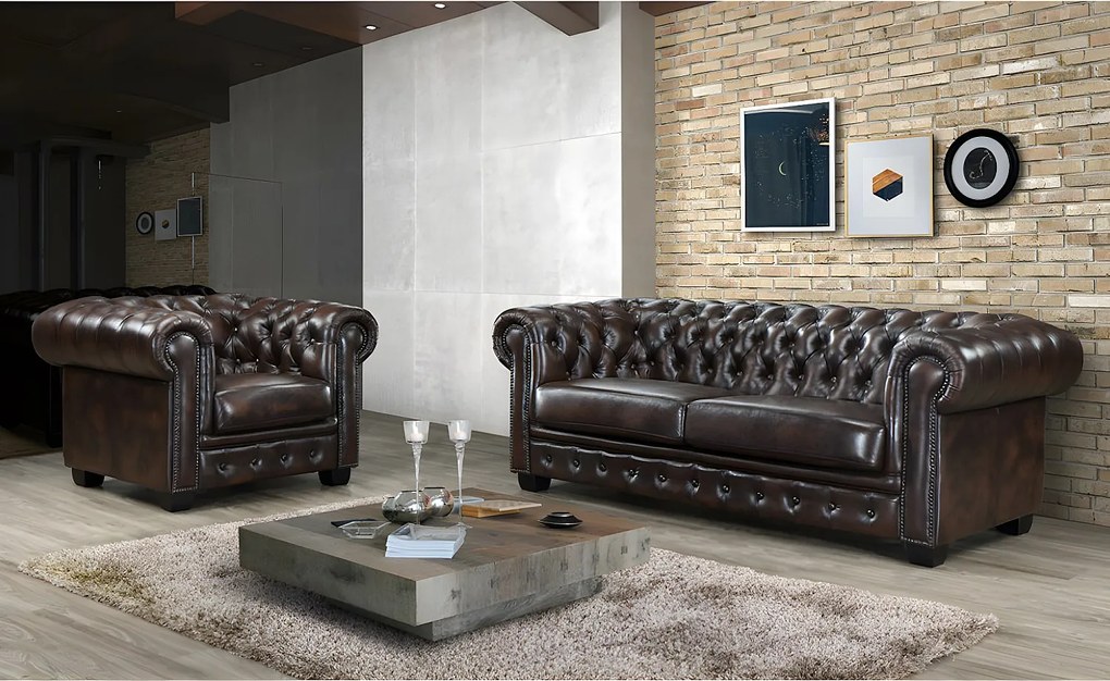 Fotel typu chesterfield 100% skóry bawolej BRENTON - Kolor: brązowy z kasztanowymi refleksami