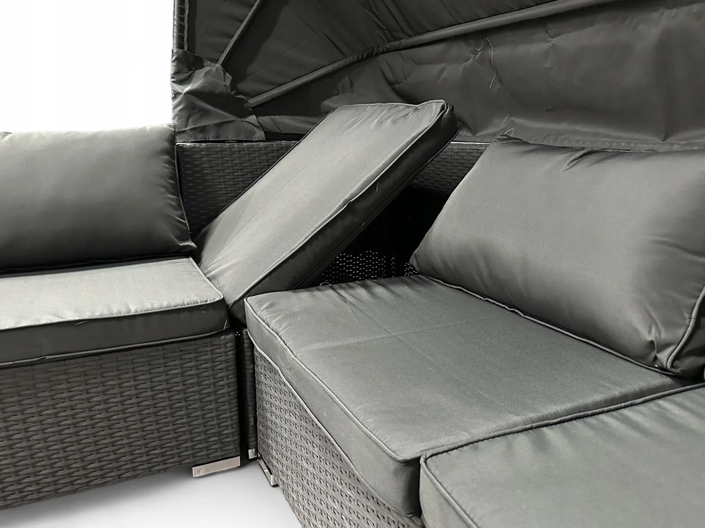 Wielofunkcyjny zestaw mebli ogrodowych - narożnik, leżanka z daszkiem Galicja 101 szary, poduszki szare