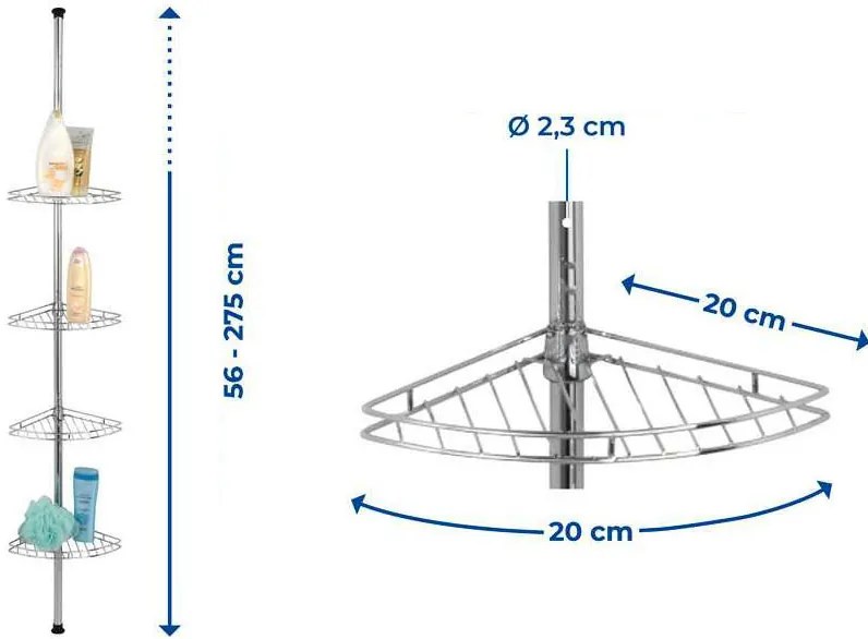 Narożna, teleskopowa półka łazienkowa pod prysznic - aż 4 poziomy