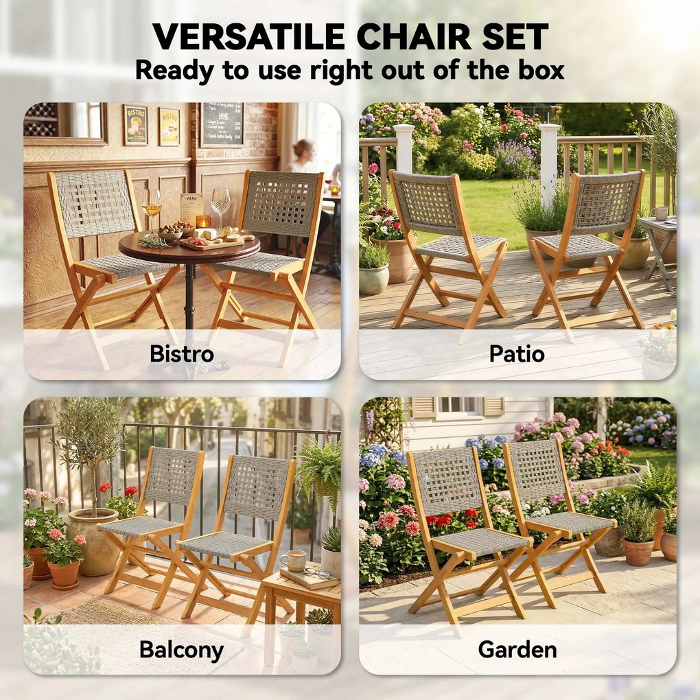 Outsunny Krzesła Ogrodowe 2 Sztuki FSC Składane z Oddychającym Siedziskiem Wygodna Wysokość z Litego Drewna i Polirattanu | Aosom PL