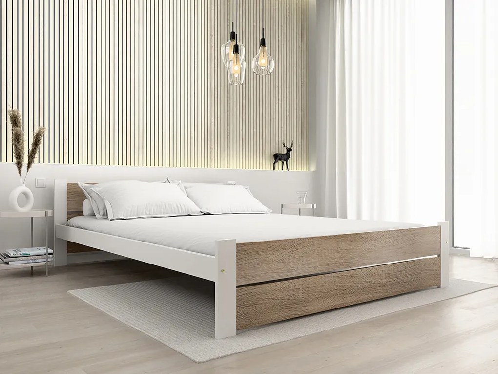Łóżko IKAROS DOUBLE 140 x 200 cm, biały/dąb sonoma Stelaż: Ze stelażem listwowym rolowanym elastycznym, Materac: Materac Sommera 18 cm