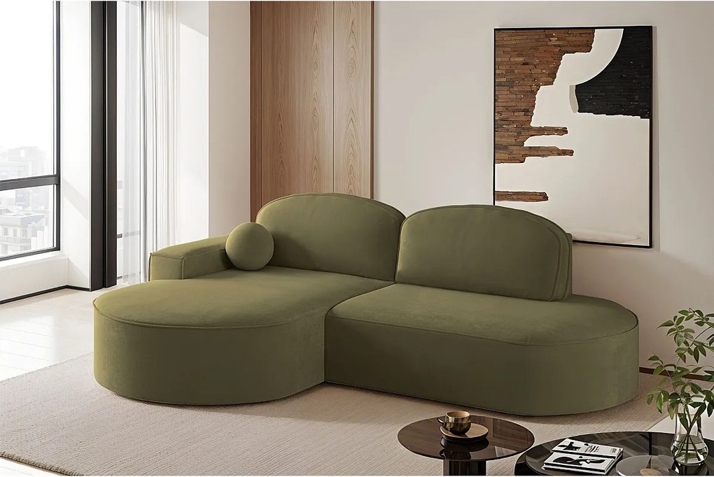 Narożnik z funkcją spania i pojemnikiem Modena Runden, tkanina Salvador, Oliwkowy, Lewy