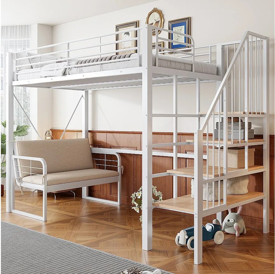 Łóżko piętrowe dla dzieci - 90 x 200 cm - z wyjmowaną sofą + drabinka ze schowkiem - rama metalowa - białe