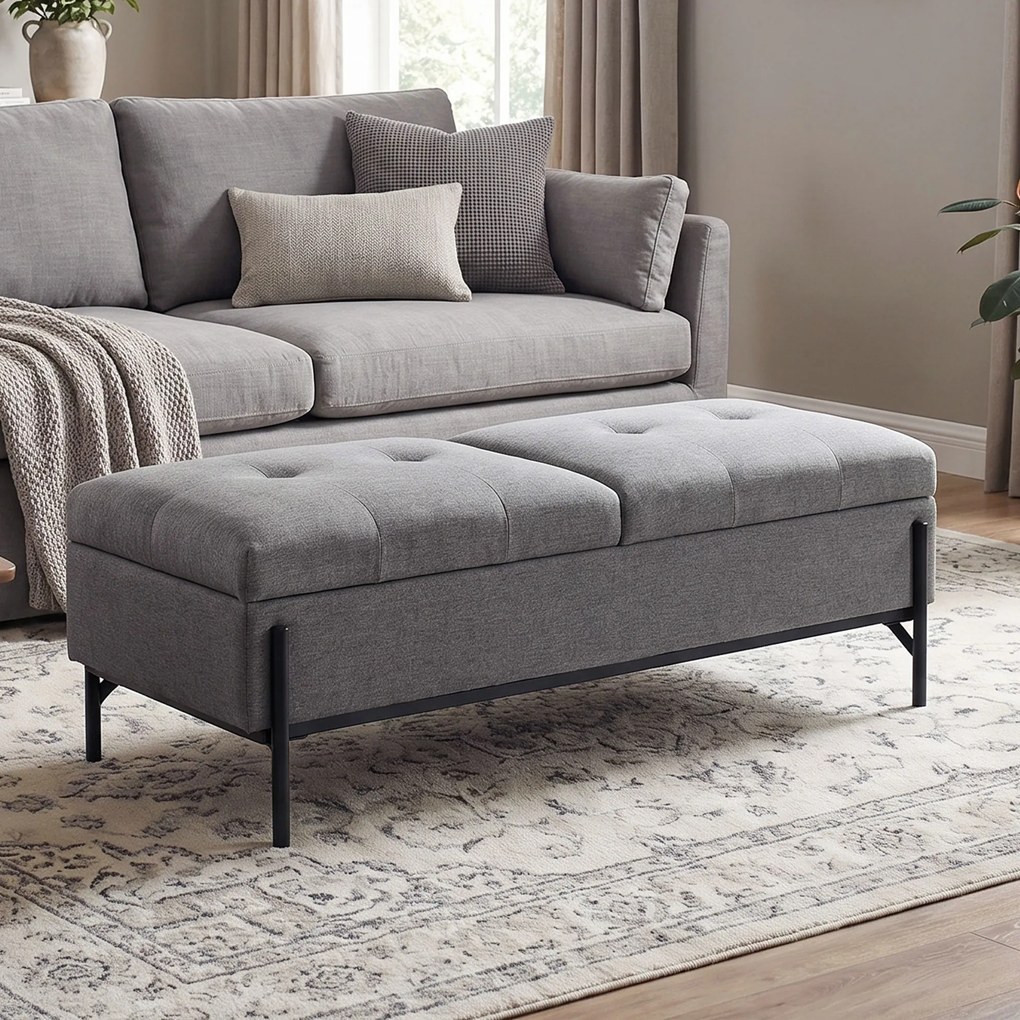 HOMCOM Skrzynia z tkaniny lnianej, ławka z 2 schowkami, składanymi klapami i ekstra grubą poduszką, 117 x 50 x 44 cm | Aosom PL