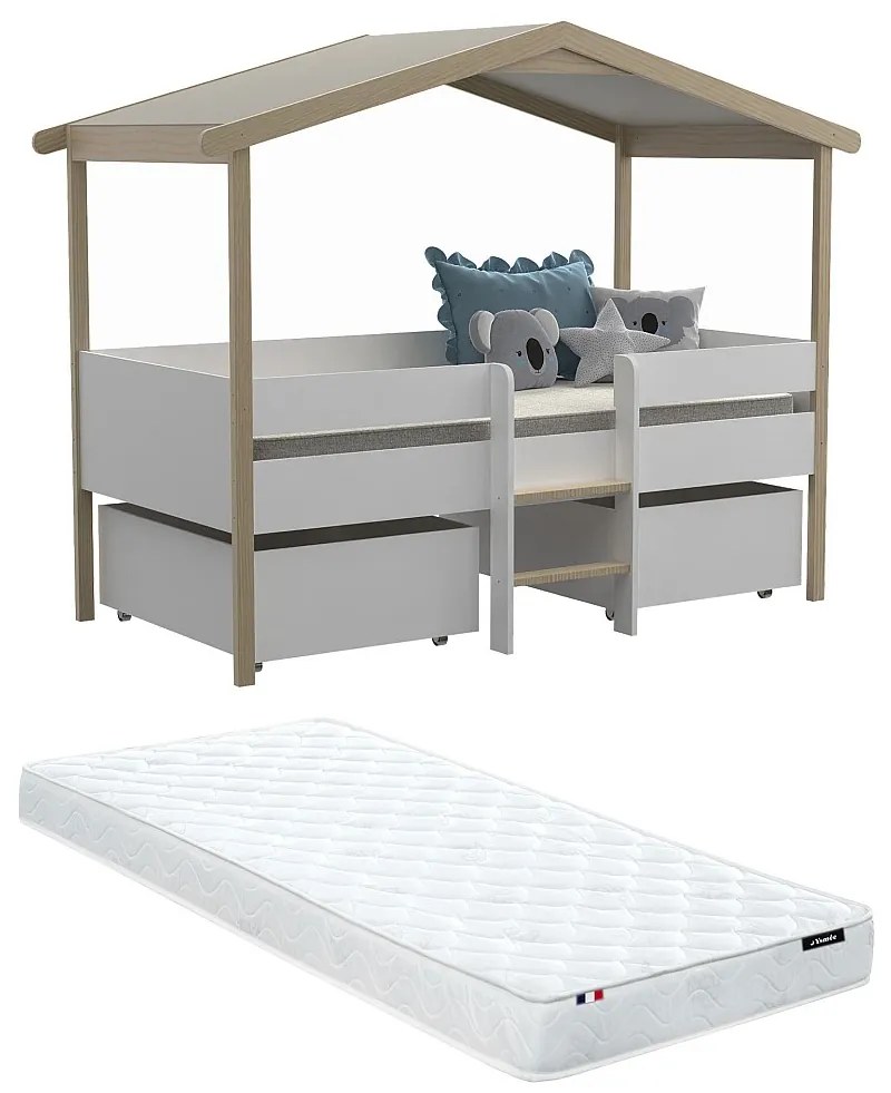 Łóżko w kształcie domku SAROSI z szufladami – 90 × 190 cm – drewno lipowe – kolor biały i dębowy, w zestawie z materacem