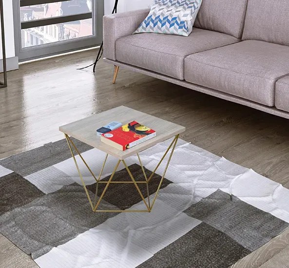 Minimalistyczny stolik druciany dąb sonoma + złoty R8-E44