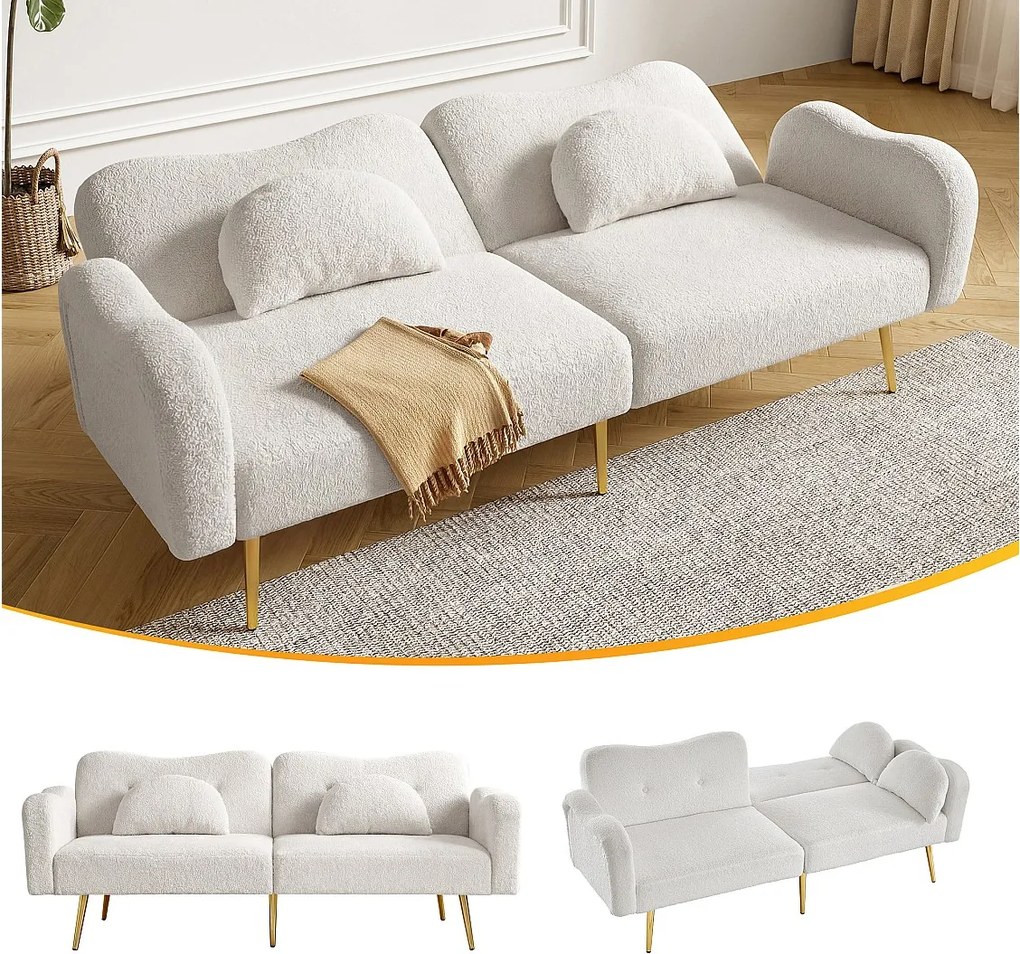 Sofa rozkładana 2-osobowa - 175 x 79 x 82 cm - z regulowanym oparciem - nogi metalowe w kolorze złotym - aksamit - biała