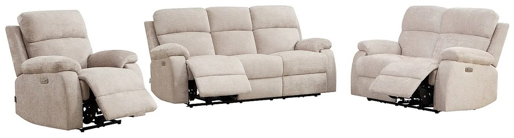 Kanapa 3-osobowa , 2-osobowa i fotel relaksacyjny elektryczny z funkcją masażu z beżowej tkaniny szenilowej KOCENI