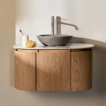 Zestaw Wiszących Mebli Łazienkowych Z Drewna Carsone Naturalna & Bez Jednostki Pomocniczej & Okrągły Szary Cement Ø40 - Sklum