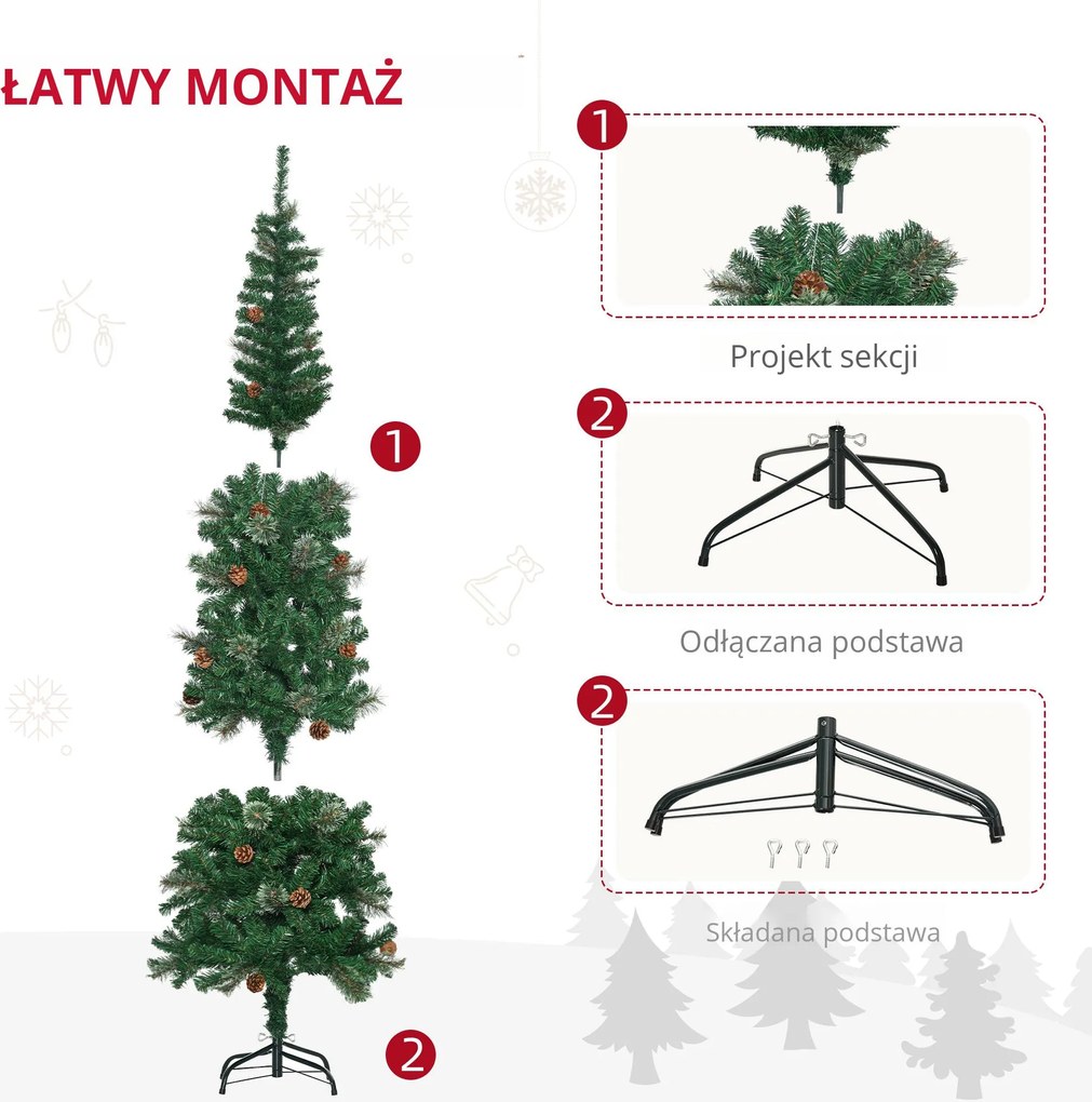 HOMCOM Sztuczna Choinka, Smukła, z Szyszkami, Ognioodporna, 54 x 195 cm, Zielona | Aosom PL