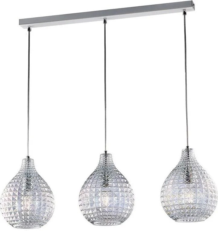 Szyna Diamante Track z białego żelaza i chromowanej ramy, regulowane kable, przezroczyste klosze z dmuchanego szkła z efektem kryształu, 3 światła