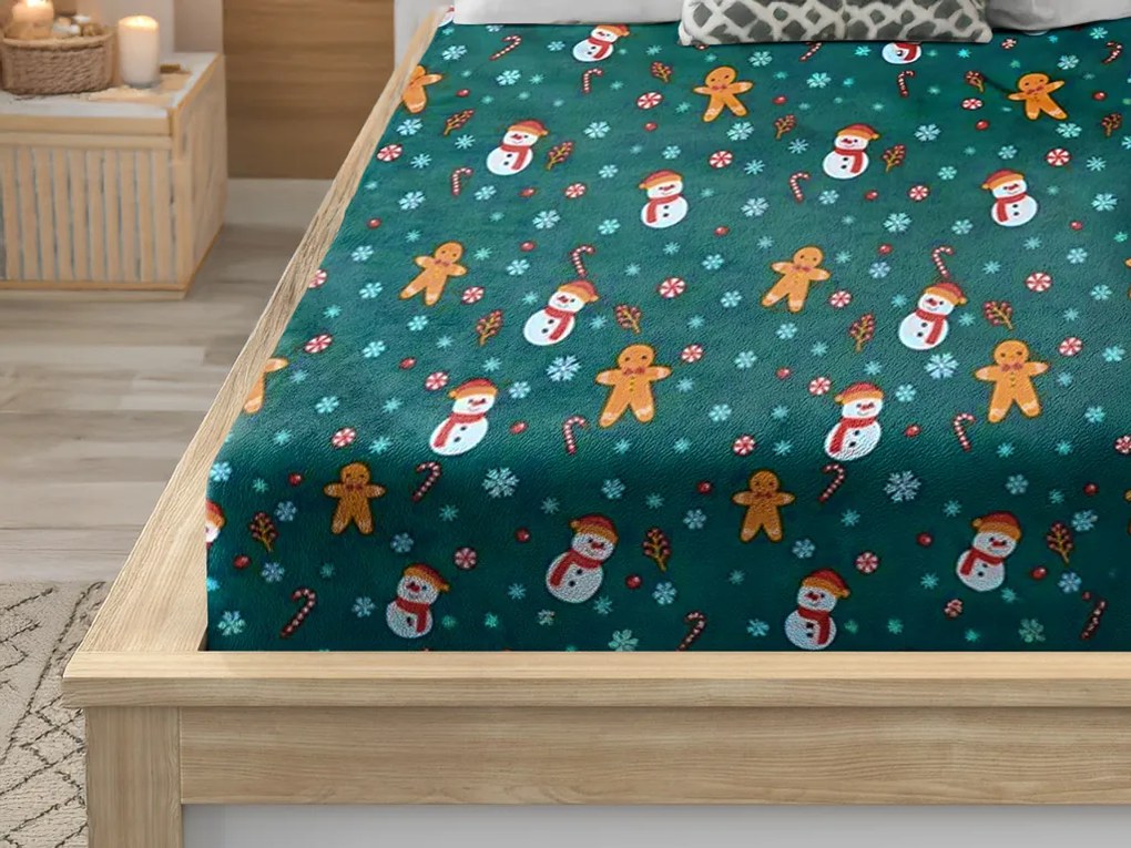 PrzytulneMieszkanie.pl Prześcieradło z mikropluszu SNOWMAN AND GINGERBREAD 90x200 cm zielone