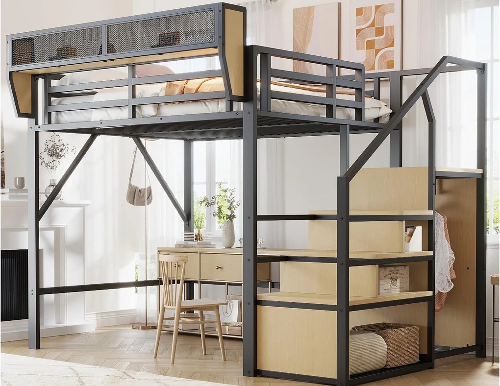 Łóżko antresola 140×200 cm - z drabinką - modułowe schowki - metalowe - czarne (bez materaca)