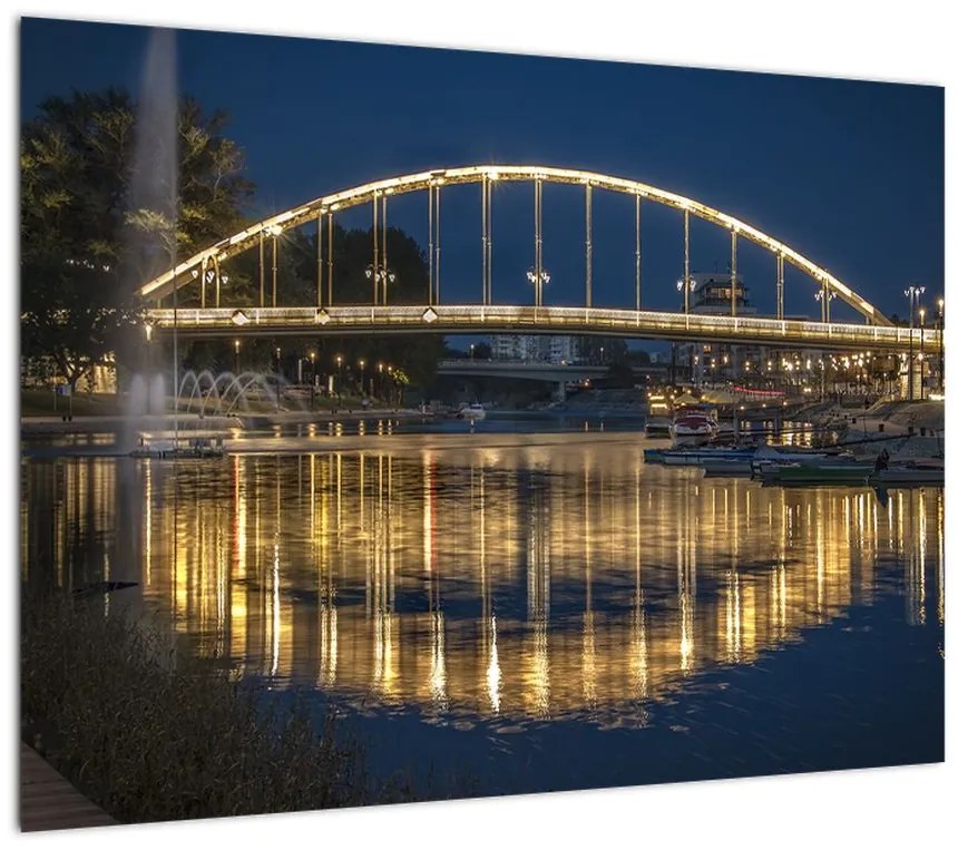 Obraz na szkle - most z fontanną (70x50 cm)