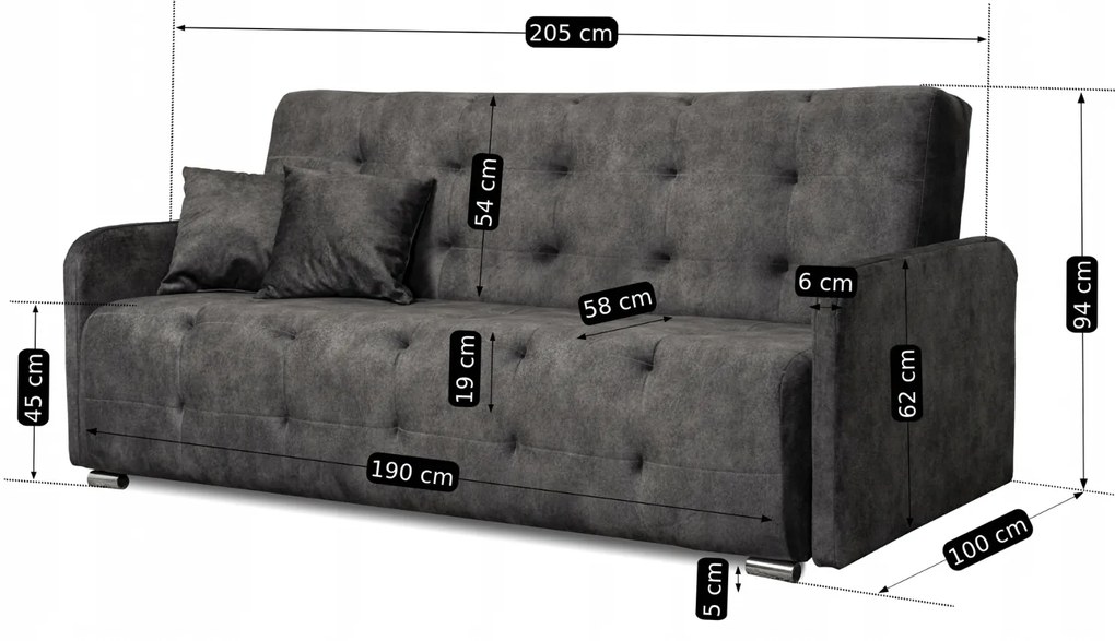 Sofa z Funkcją Spania ARIA Wersalka Rozkładana Dwuosobowa Welurowa Szara Nowoczesna do Salonu