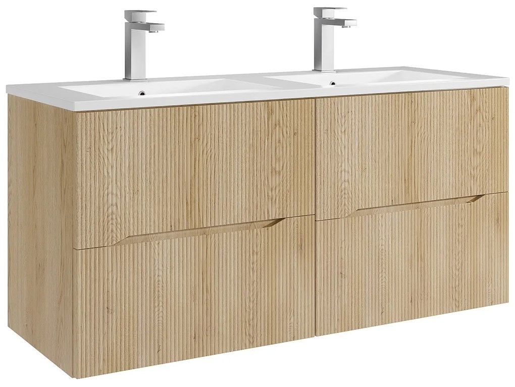 Podwieszana szafka łazienkowa prążkowana  z umywalką do zabudowy i kranem - Jasny naturalny - 120 cm - ORISO