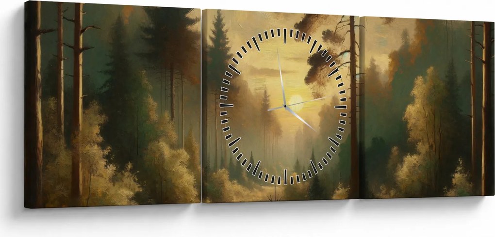 Obraz - Słońce świecące przez las (z zegarem) (90x30 cm)